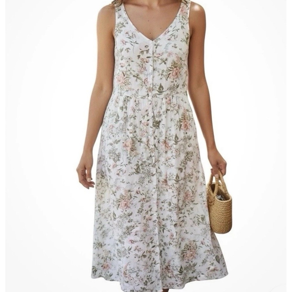 FRYE Womens XS Dress White Floral Folk Garden Midi Buttons Pockets Lined EUC